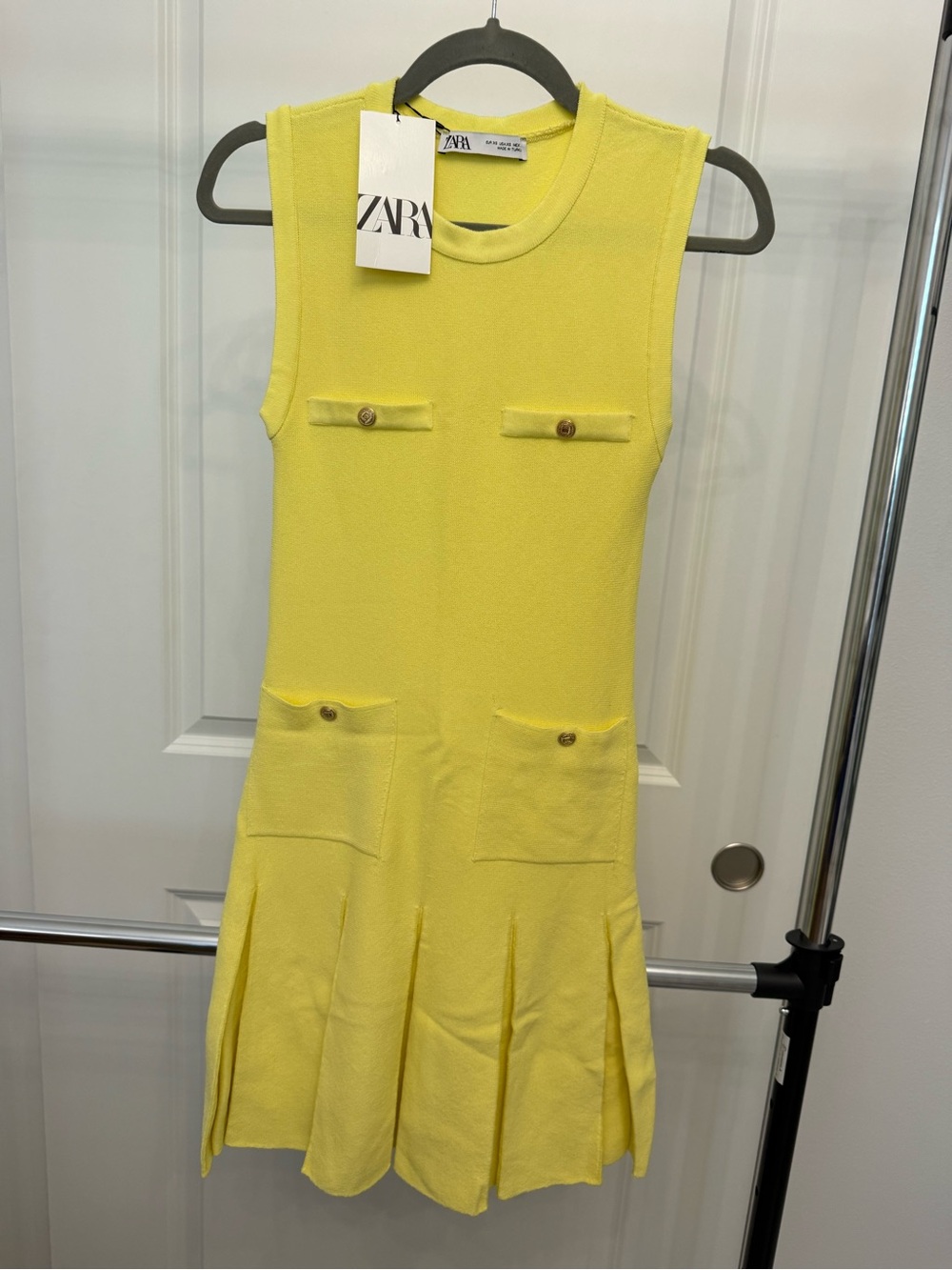 Zara Sleeveless Lemon Yellow Pocket Pleat Dress